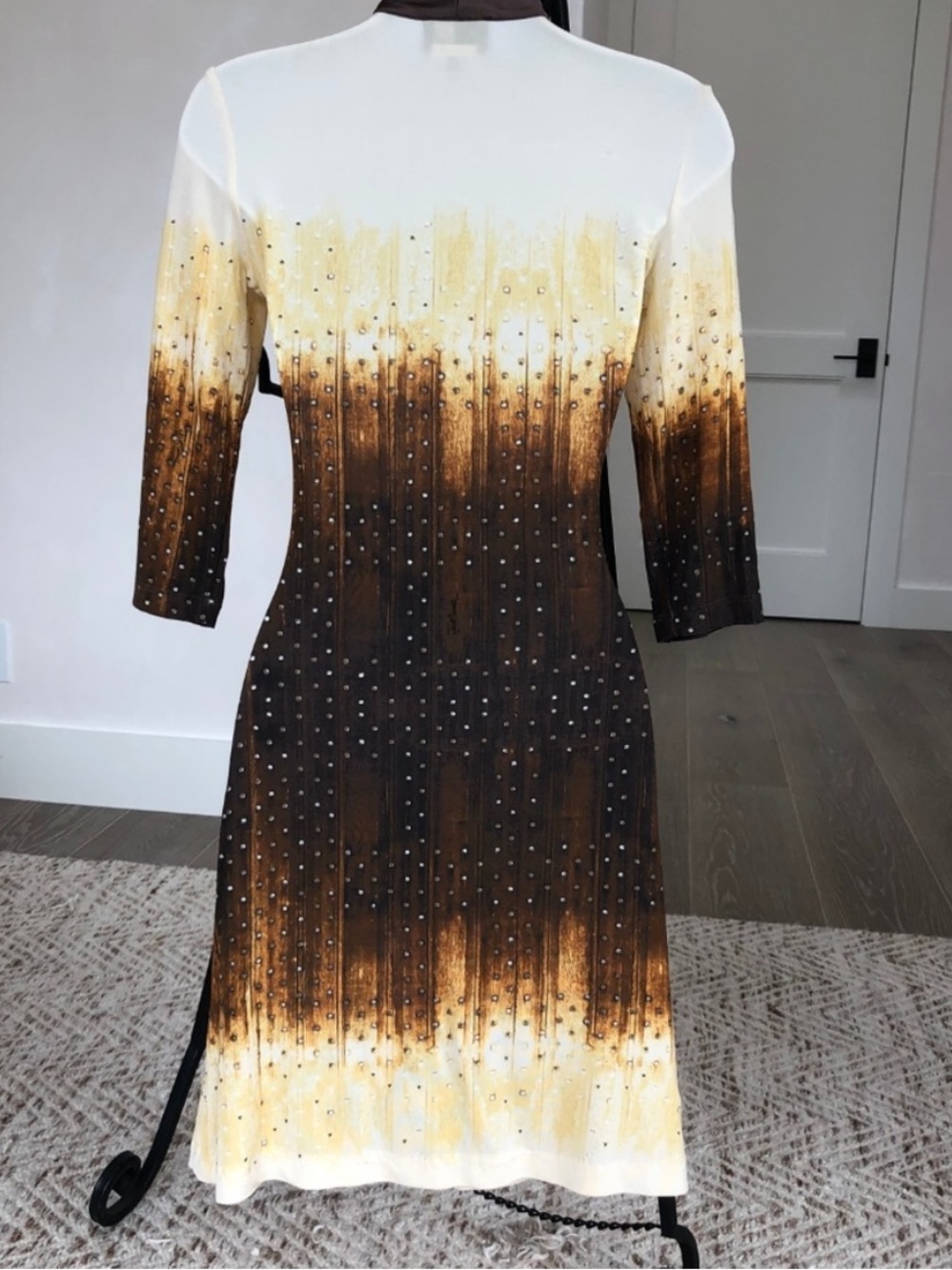 Just Cavalli Cream to Brown Ombre 3/4 Sleeve Dress with Rhinestone Accents - Picture 3 of 10